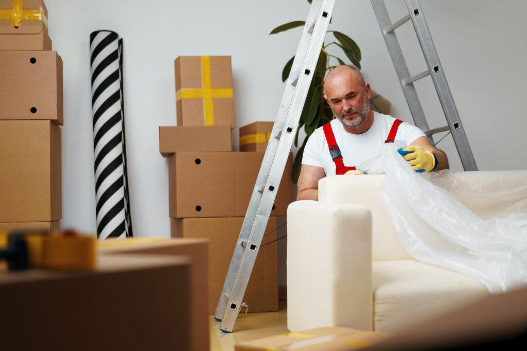 Man mover in uniiform packing sofa for relocation
