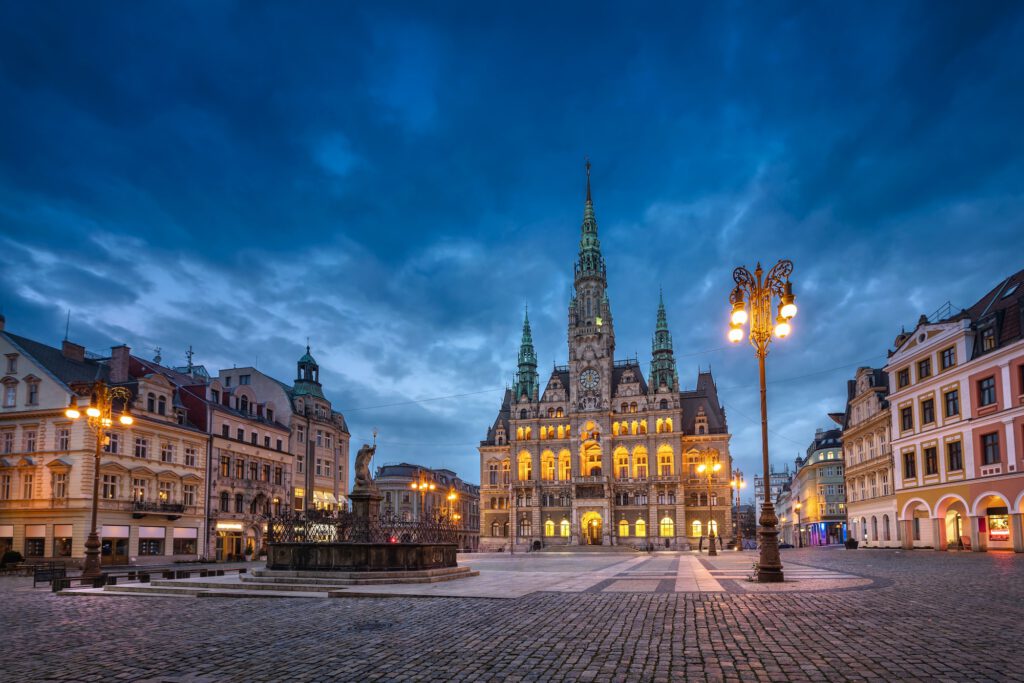 Liberec, Czechia. View of main square with Town Hall at dusk