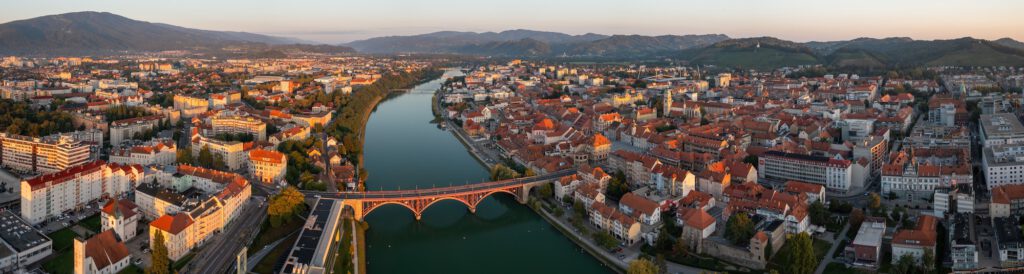 Panoramic aerial view of Maribor, Slovenia early in the morning